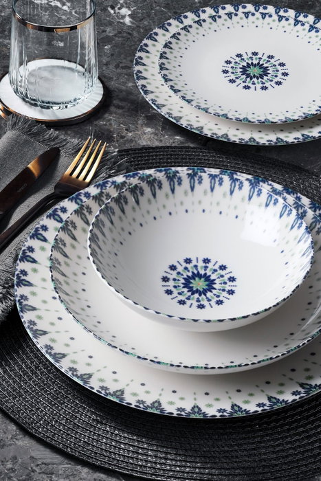 Hermia Vajilla de Porcelana de 24 Piezas en Blanco, Azul, Verde y Negro